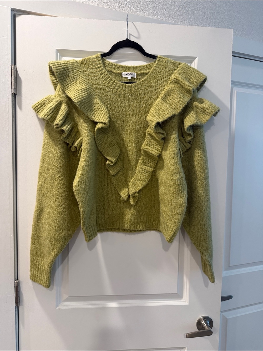 Vogue Ruffle Detail Crewneck Sweater in Olive